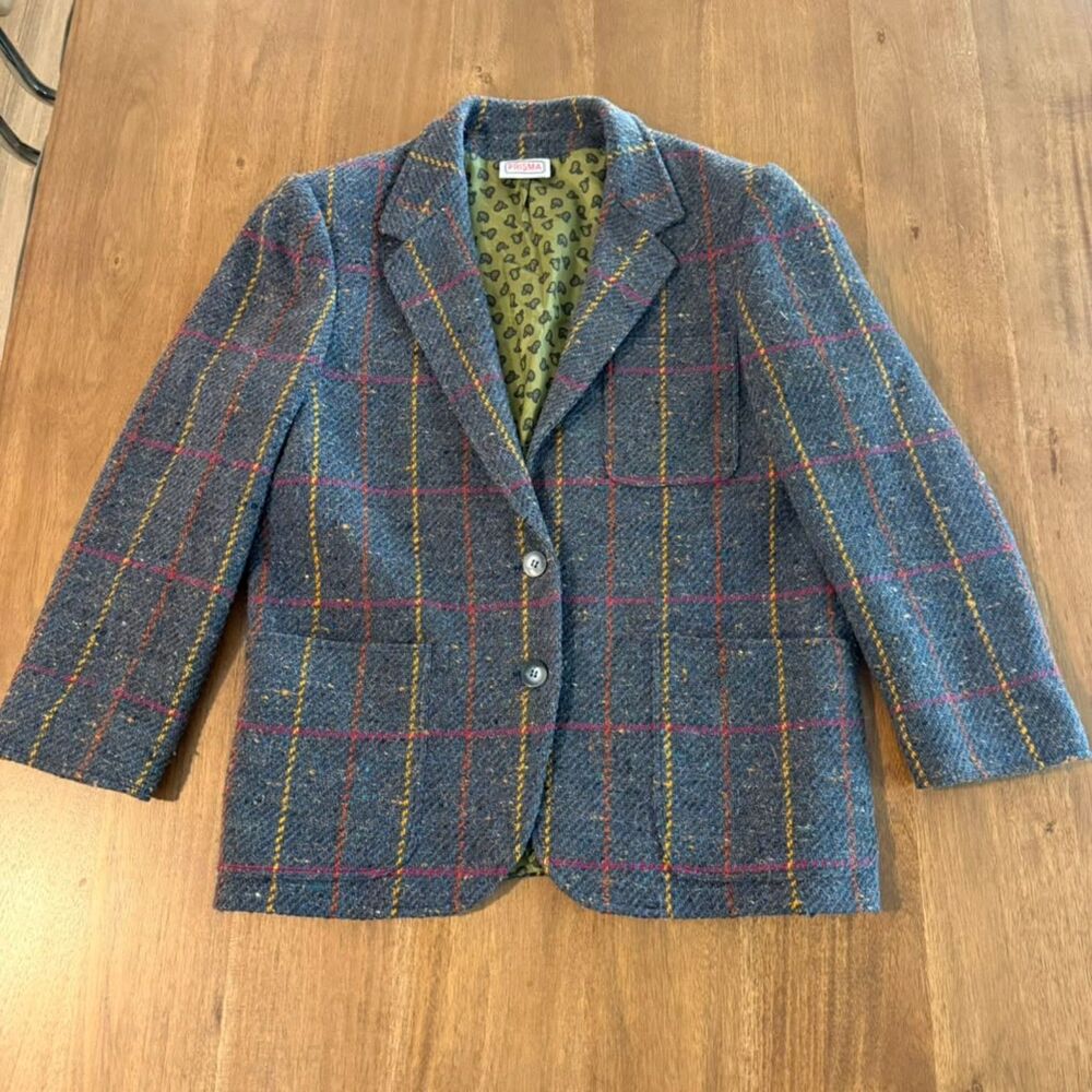 Vintage Italian Wool Blend Tweed Plaid Blazer Size 6 Aprox Blue Paisley Lined